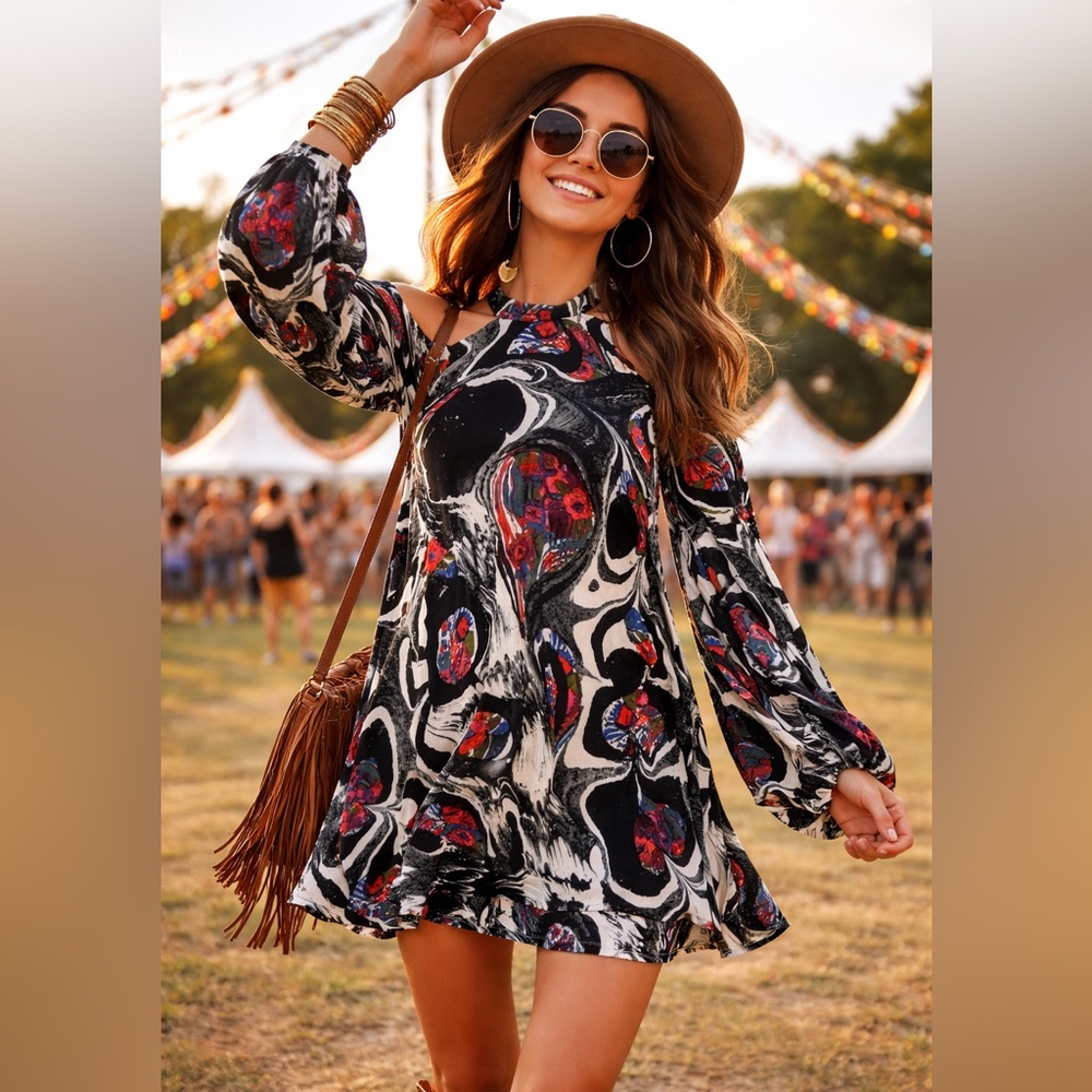 Free People Marble Print Cold Shoulder Mini Dress Boho Festival Flowy Tunic